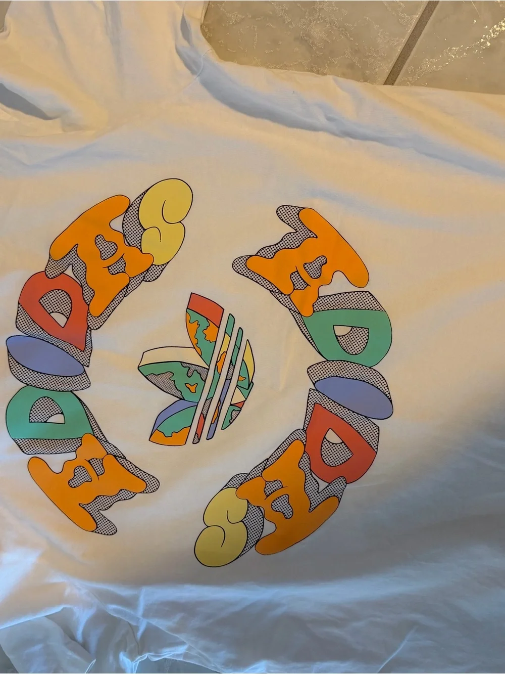 Adidas Mens White Tee with Colorful Trefoil Logo
